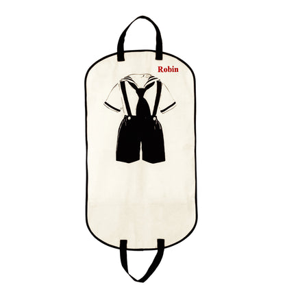 Bag-all Kids Garment Bag Boy in cream featuring black suit graphic, dual handles, storage pockets, and customizable name monogram for organized clothing storage