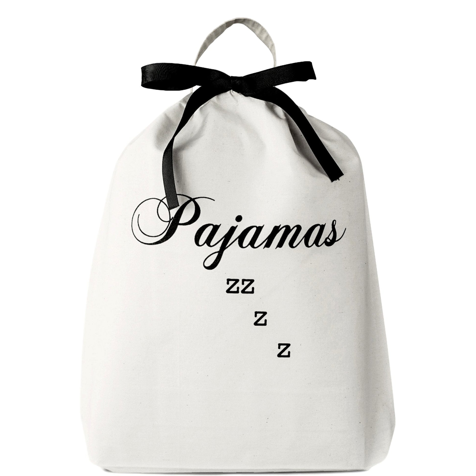 Bag-all Essentials Getaway 4-Pack pajama storage bag in white cotton with black bow and 'Pajamas zzz' text print, part of travel organizer collection