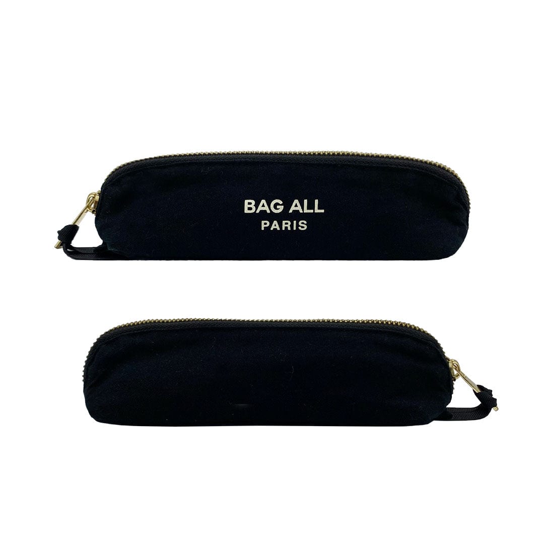 Bag-all Small Makeup Bag in black cotton with gold zipper closure, featuring white Bag-all Paris logo, sleek cylindrical design for compact cosmetic storage