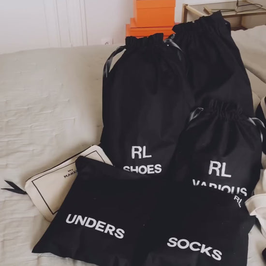 Bag-all BA Travel Set, 8-Pack in Black with personalized monogram ‘RL’. Includes shoe, various, unders, and socks pouches for organized travel