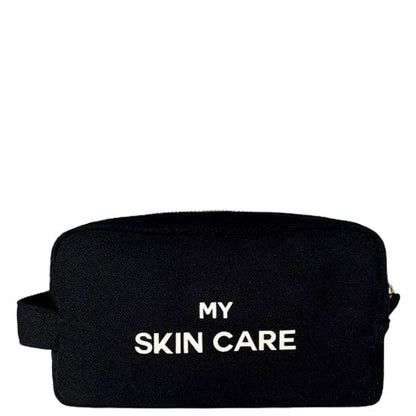 Bag-all My Skin Care black cotton organizer pouch with white text, part of Essentials Getaway 4-Pack travel set for organized beauty storage