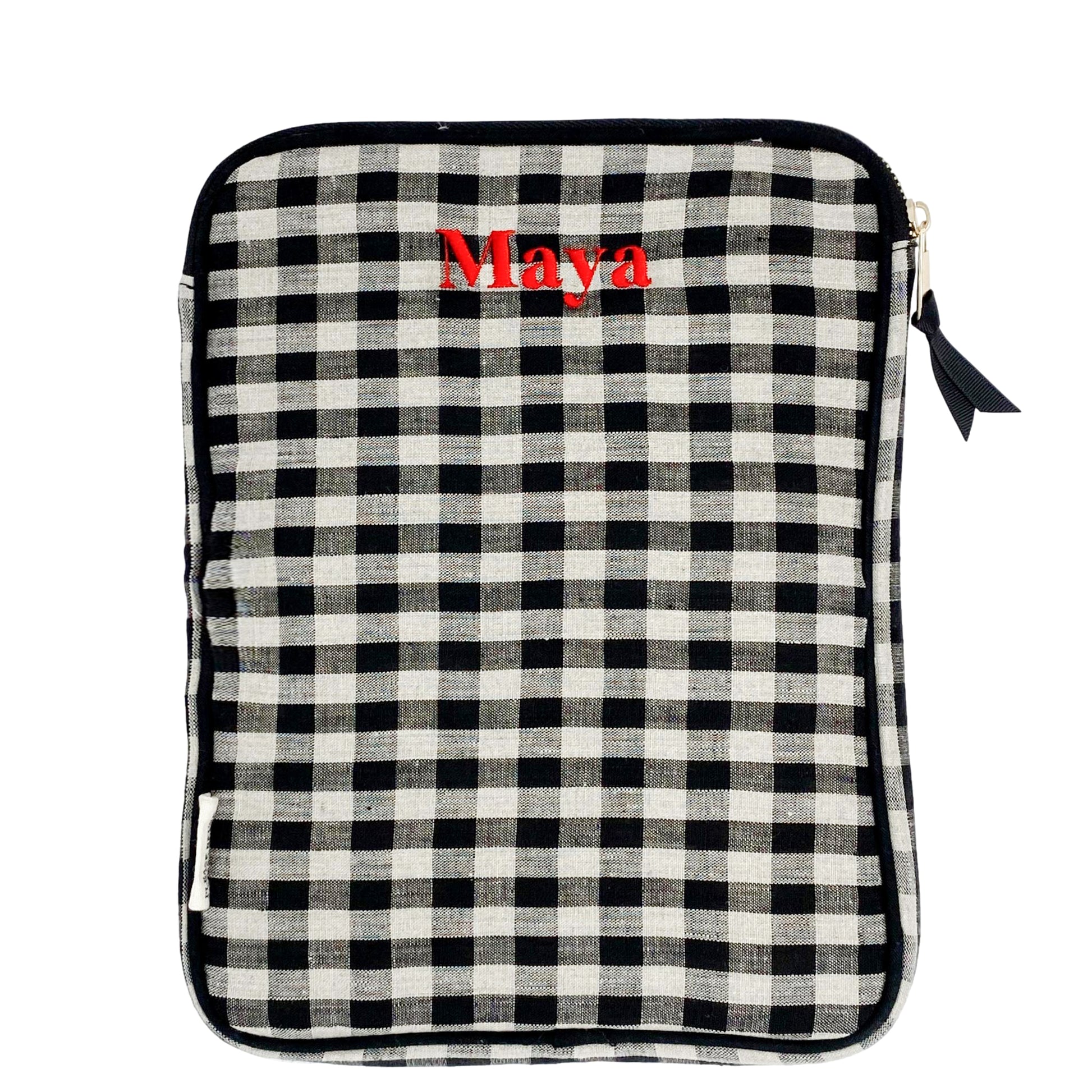 Bag-all 11-inch Tablet Case with charger pocket in black and white gingham print, featuring padded protection, front storage, and zipper closure. Stylish linen accessory with monogram option.