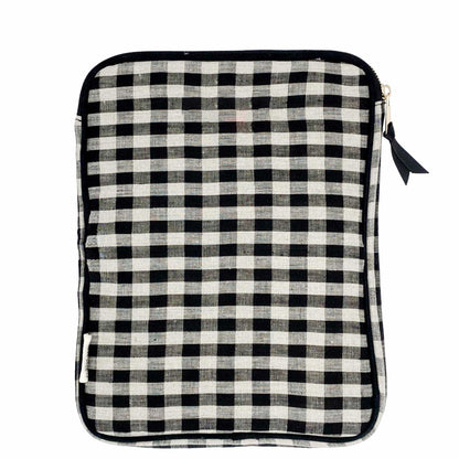 Bag-all Tablet Case 11" with Charger Pocket in black and white gingham pattern, featuring padded protection, front storage pocket, and secure zipper closure.