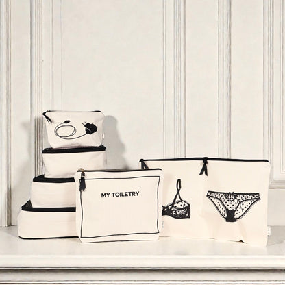 Cream Bag-all Weekend Essential Packing Set 4-Pack with toiletry, lingerie, and organizer pouches on white surface