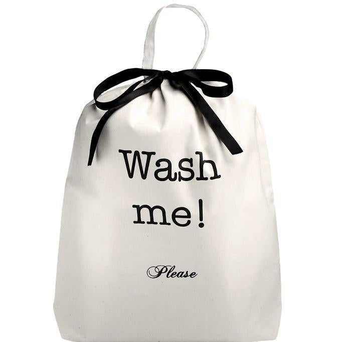 Cream laundry organizer bag with black ribbon and "Wash me! Please" text by Bag-all for suitcase deal gift set