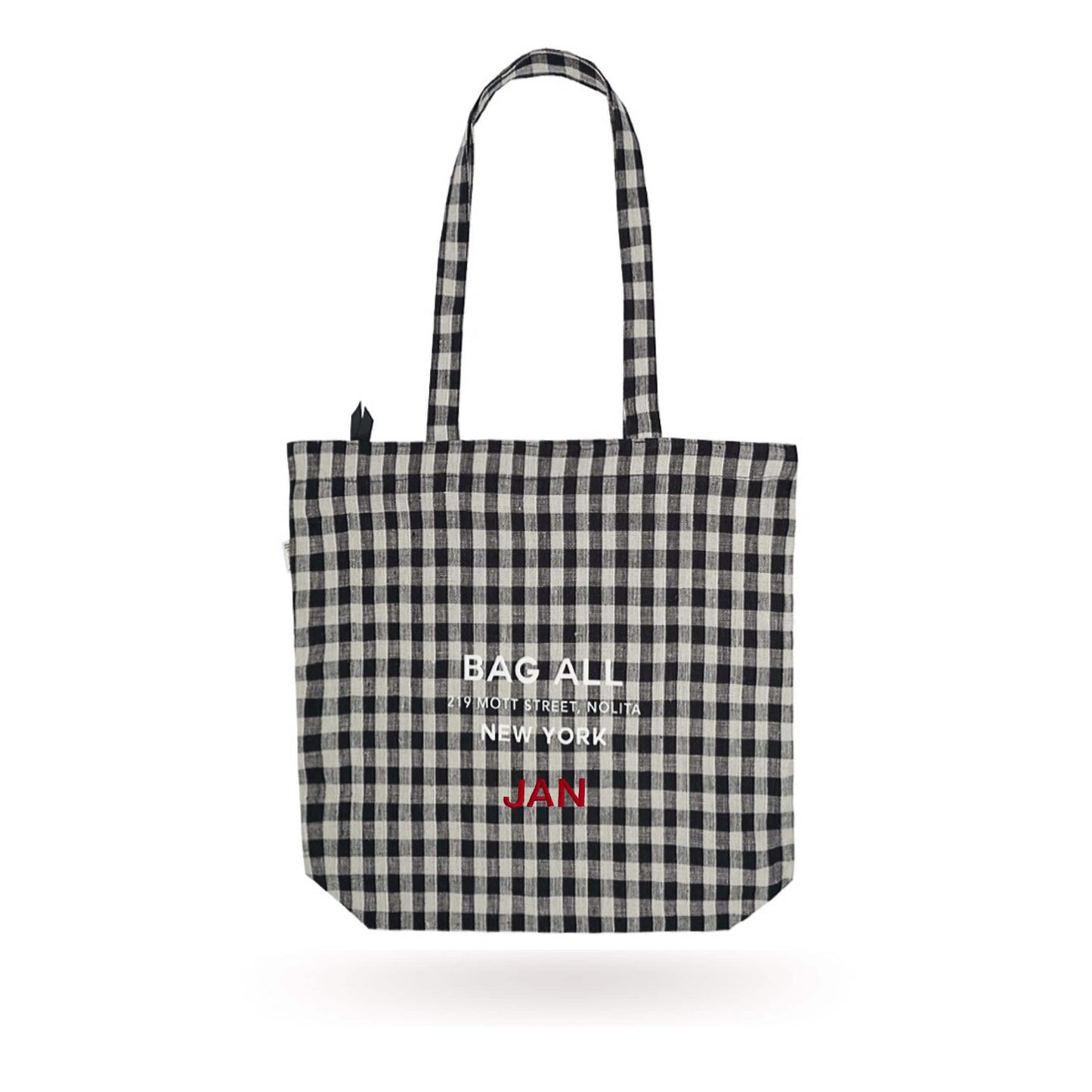 Bag-all New York City Tote in black and white gingham pattern with zipper closure and interior pocket, featuring classic checkered design and brand logo