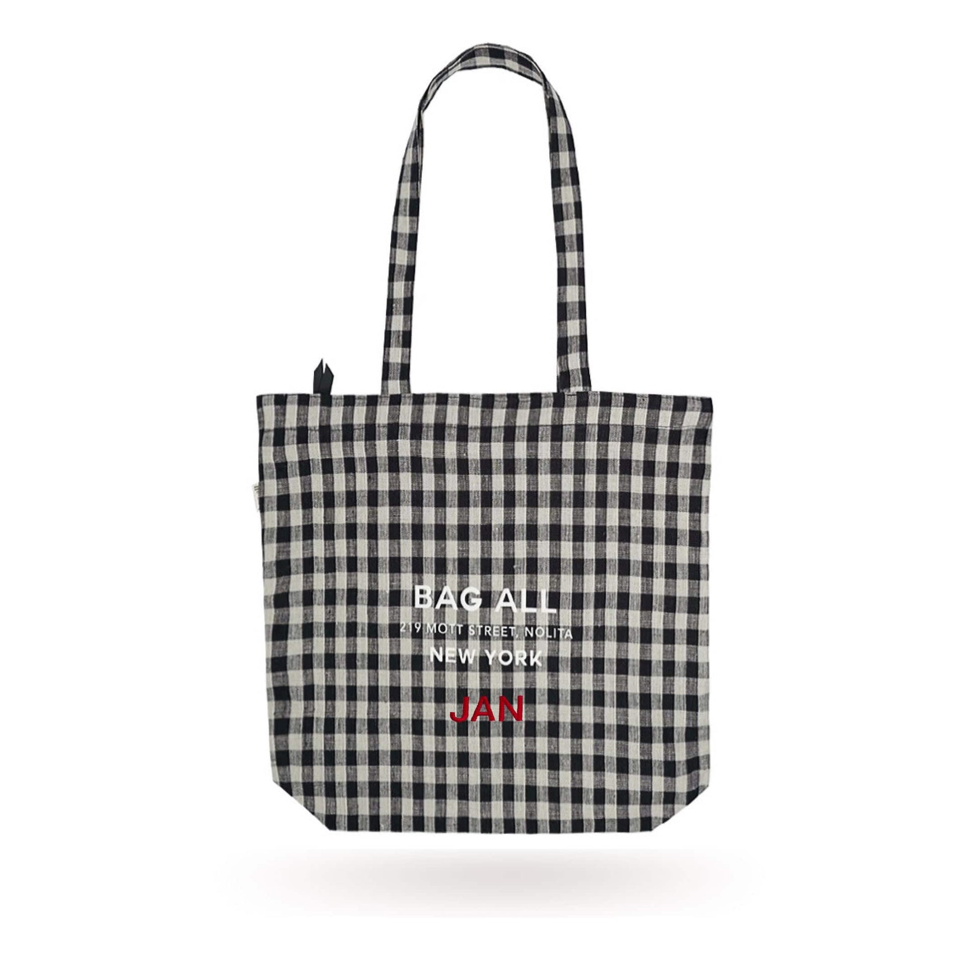 Bag-all New York City Tote in black and white gingham pattern with zipper closure and interior pocket, featuring classic checkered design and brand logo