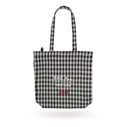 Bag-all New York City Tote in black and white gingham pattern with zipper closure and interior pocket, featuring classic checkered design and brand logo