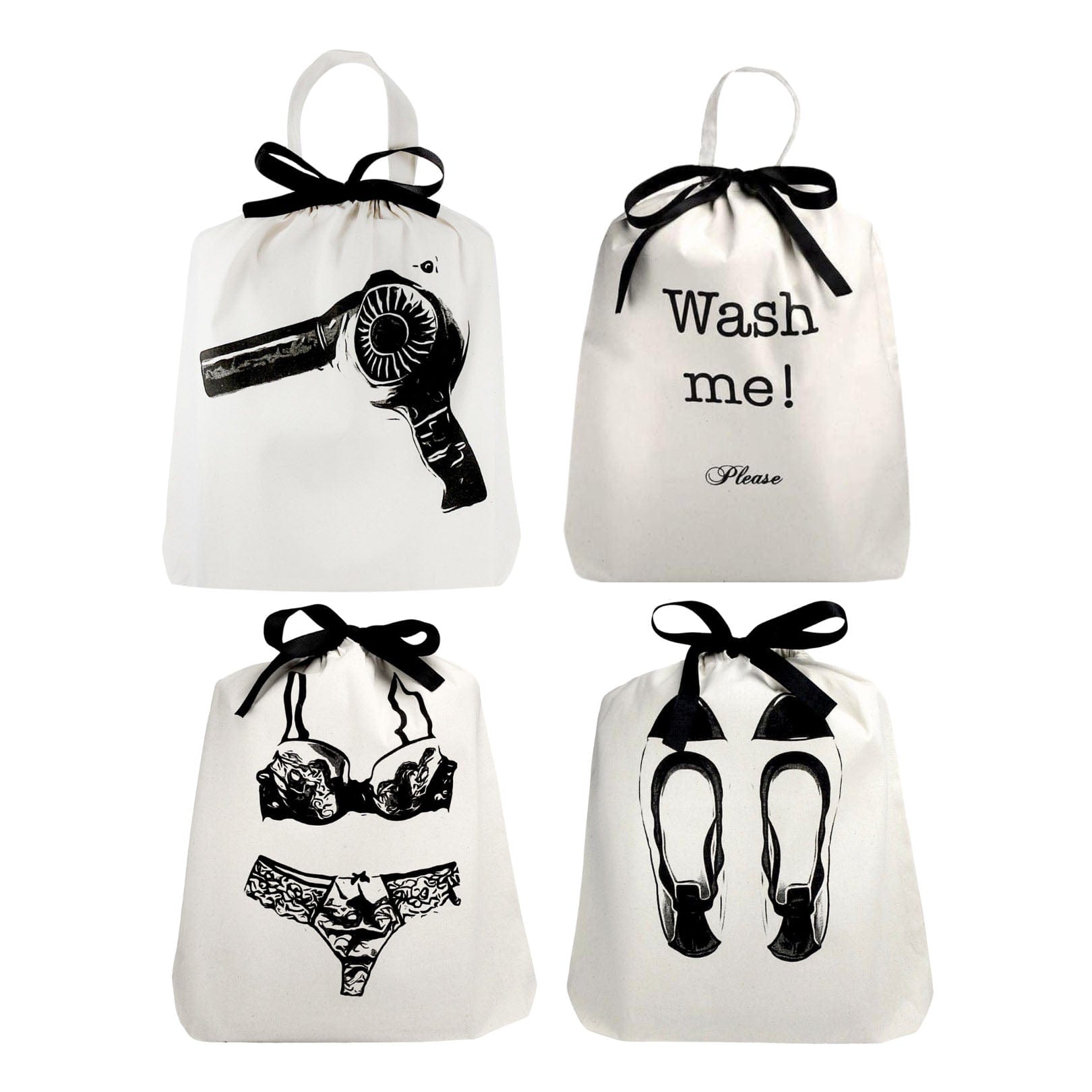 Bag-all Women's Travel Set 4-pack in cream featuring organized storage bags for hairdryer, laundry, lingerie, and ballet flats, decorated with black bow ties and stylish prints on white cotton