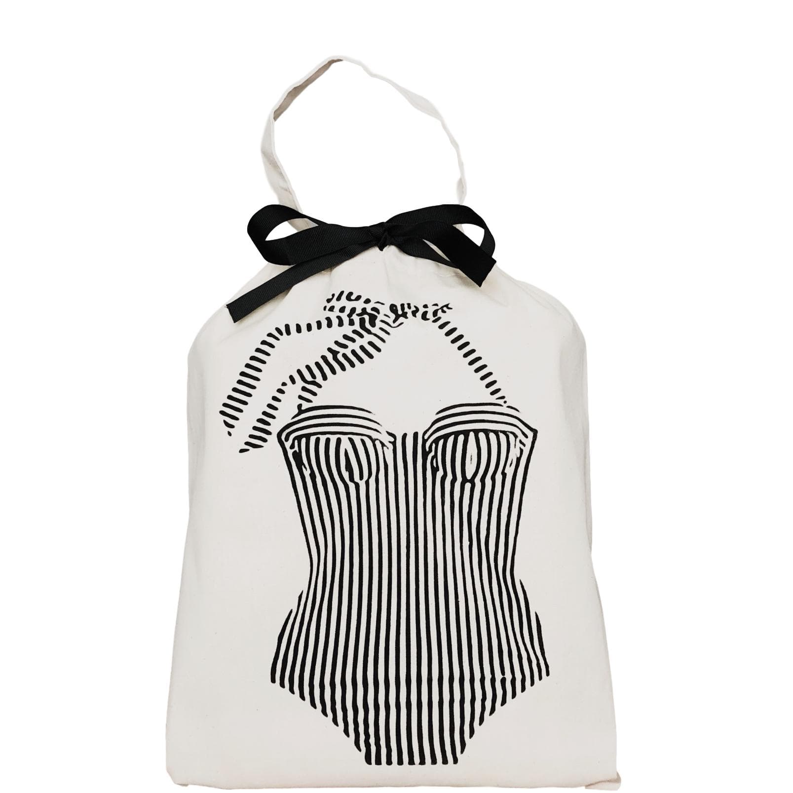 Bretagne Swimsuit Bag with a striped one piece swimsuit on the front and  a handle to carry.