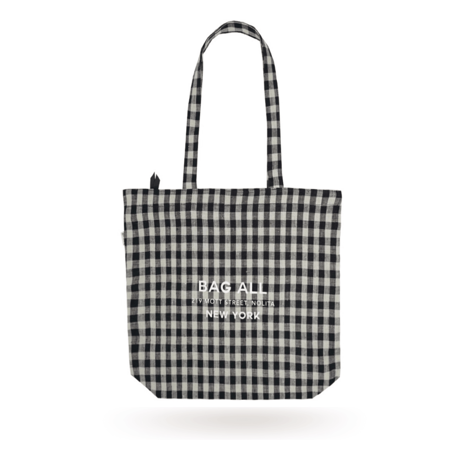 Bag-all New York City Tote with Zipper in black and white gingham linen pattern, featuring long handles and brand logo, perfect for sustainable urban lifestyle