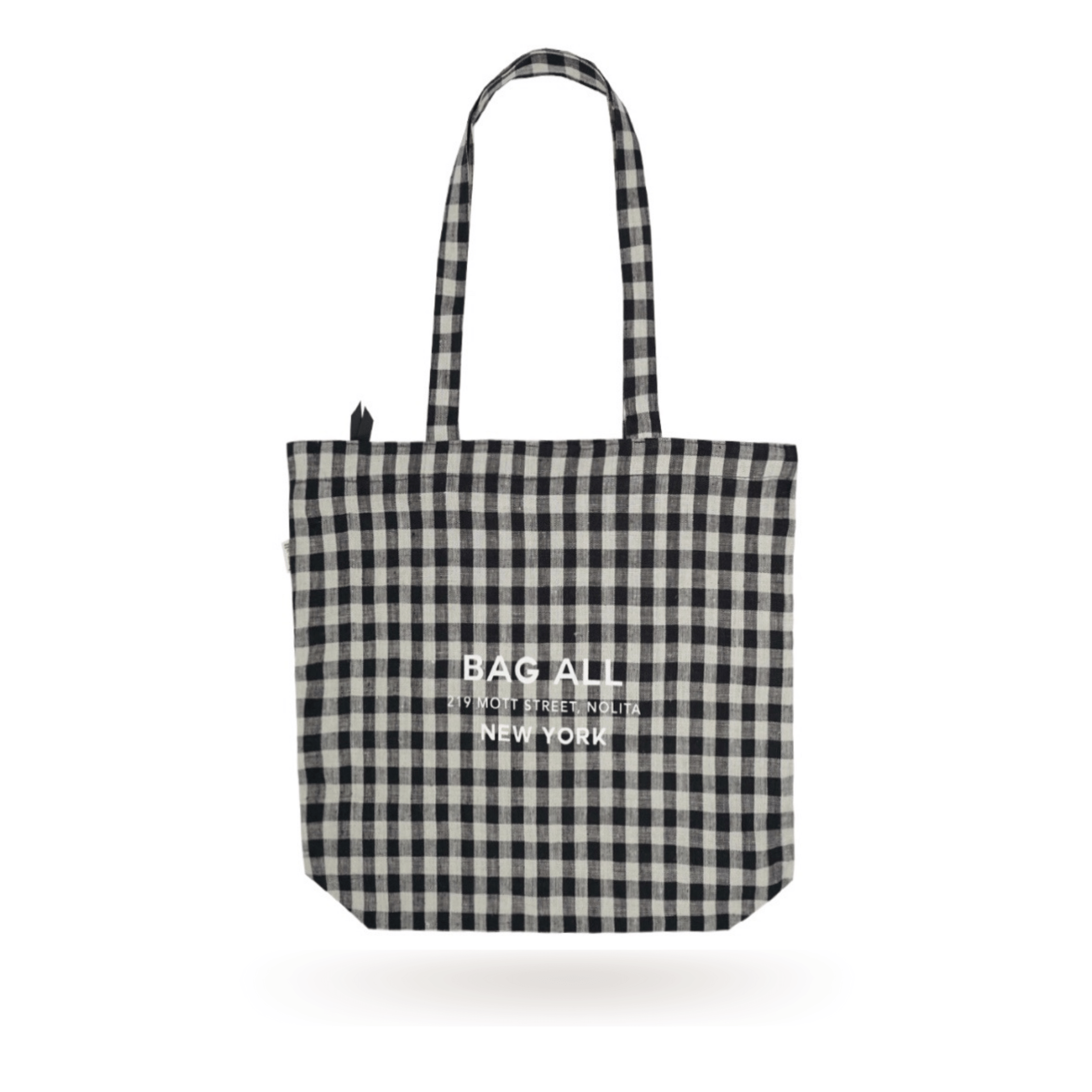 Bag-all New York City Tote with Zipper in black and white gingham linen pattern, featuring long handles and brand logo, perfect for sustainable urban lifestyle