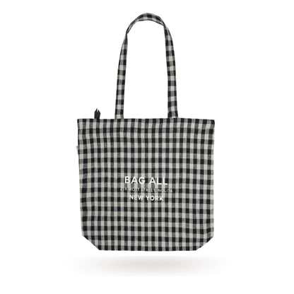 Bag-all New York City Tote with Zipper in black and white gingham linen pattern, featuring long handles and brand logo, perfect for sustainable urban lifestyle