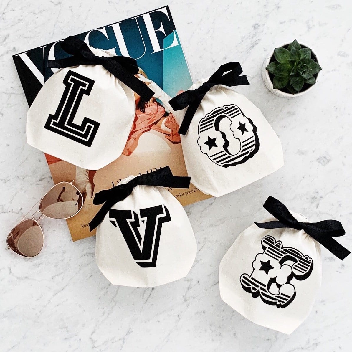 "LOVE" spelt out with small letter bags. 