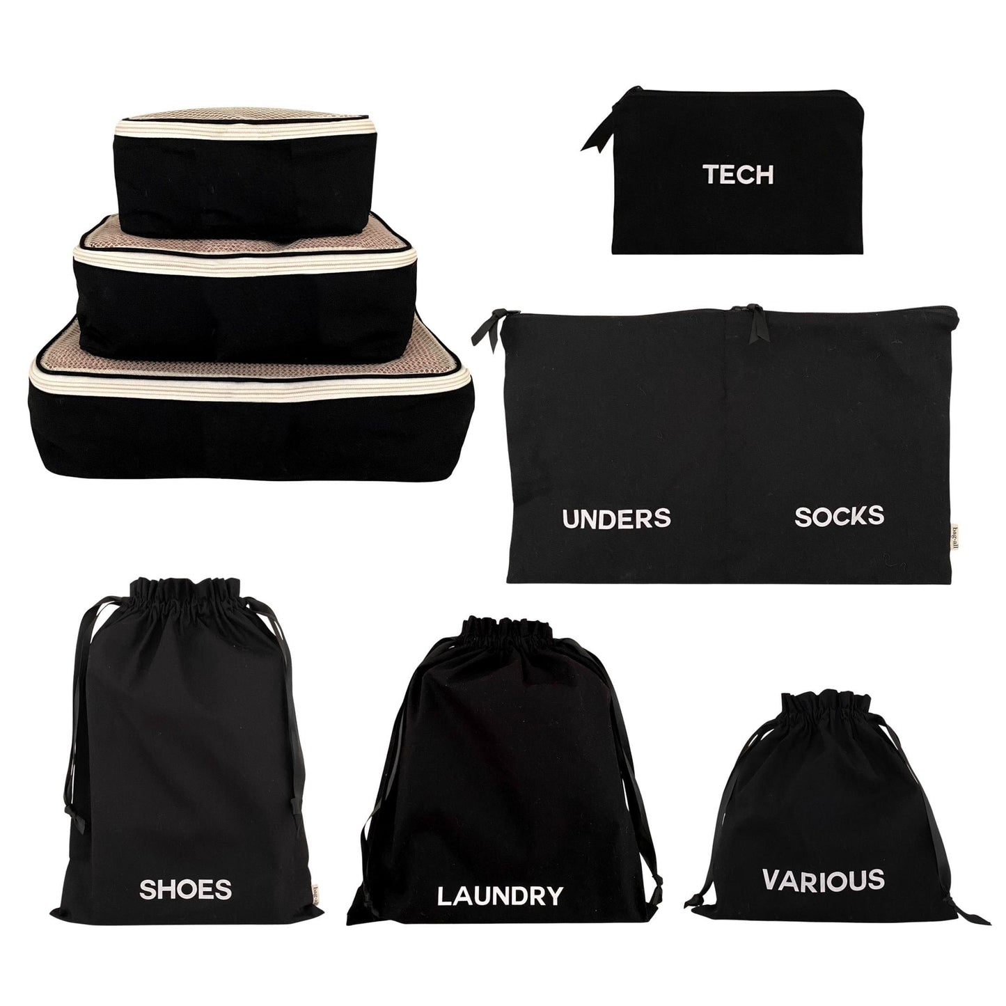 Bag-all BA Travel Set, 8-Pack in Black. Includes packing cubes, shoe bag, laundry bag, tech pouch, and organizers for travel essentials