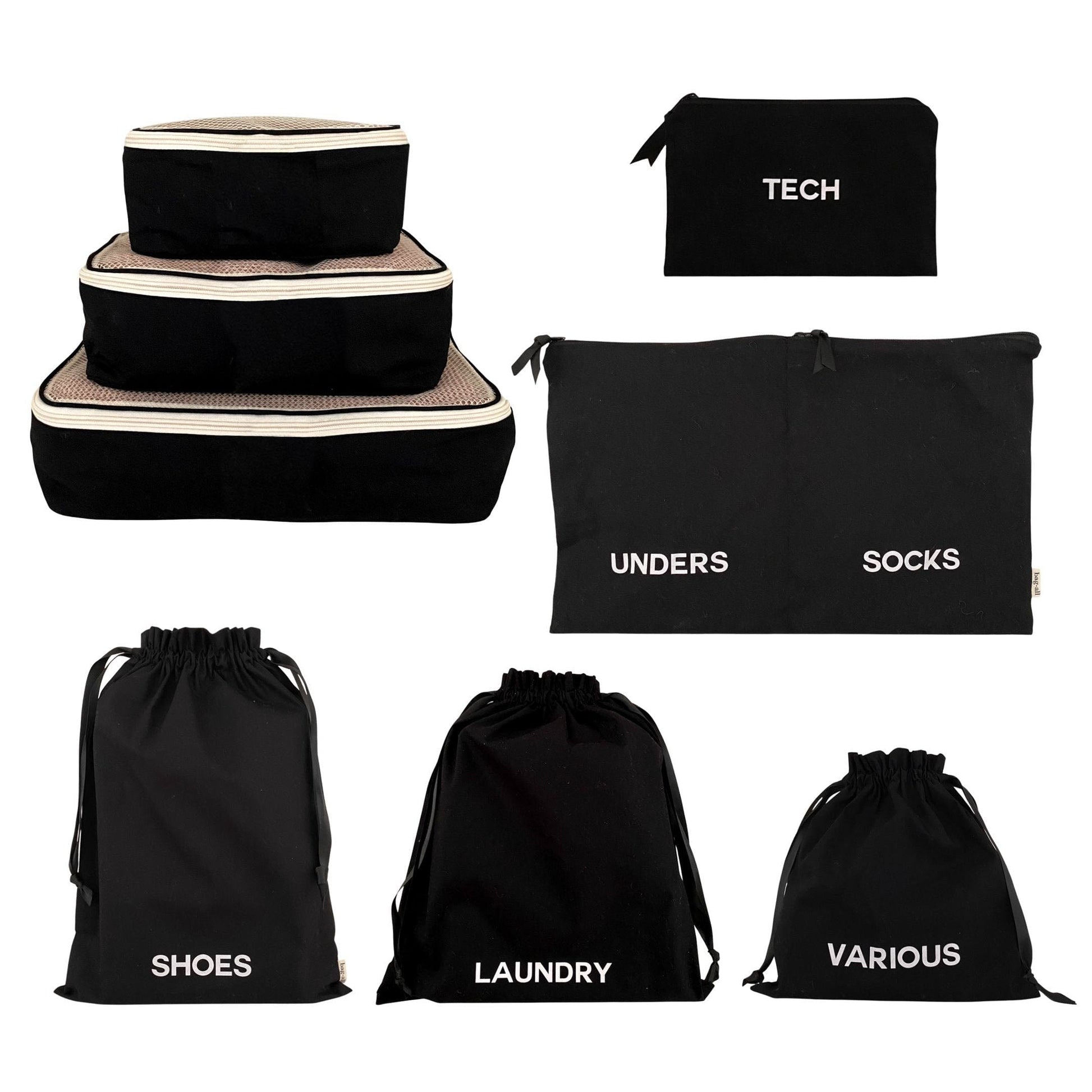 Bag-all BA Travel Set, 8-Pack in Black. Includes packing cubes, shoe bag, laundry bag, tech pouch, and organizers for travel essentials