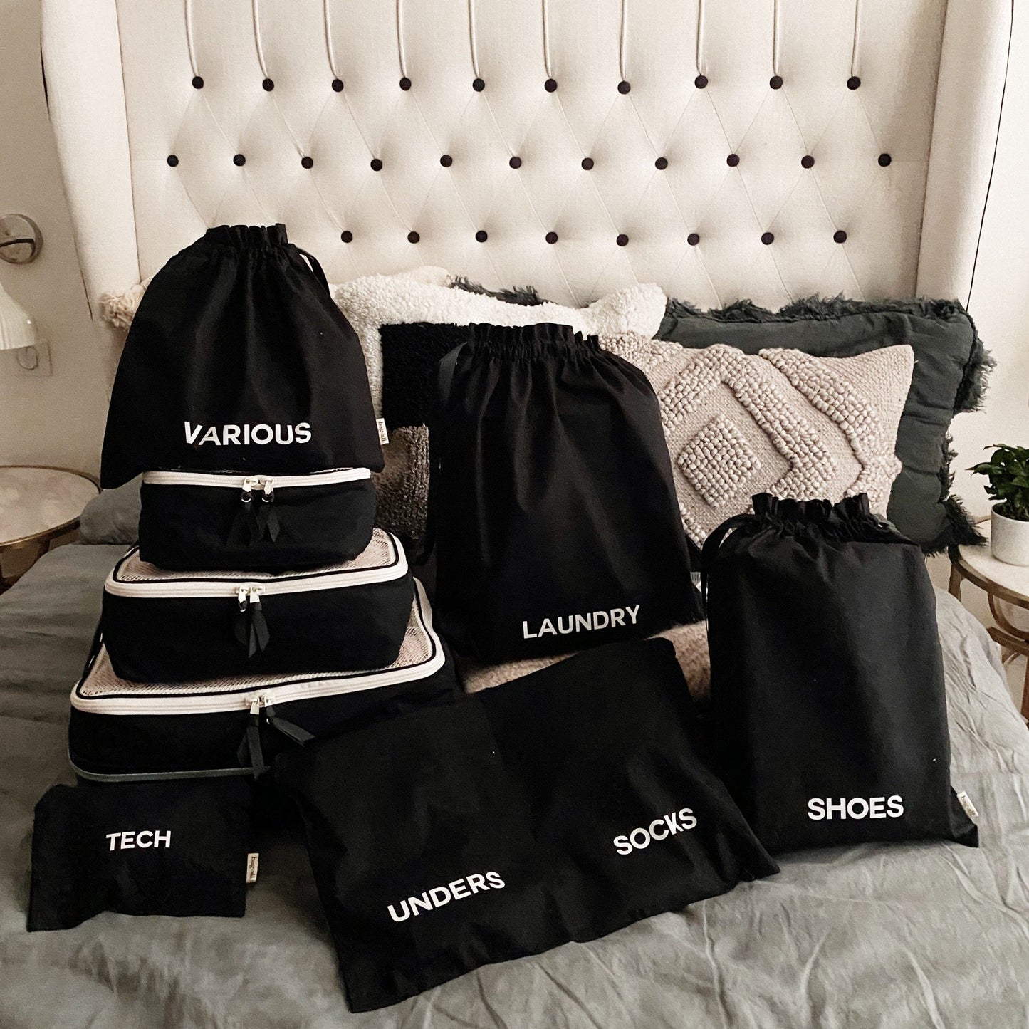 Bag-all BA Travel Set, 8-Pack in Black. Stylish packing organizers including laundry, shoes, socks, tech, and various pouches for travel