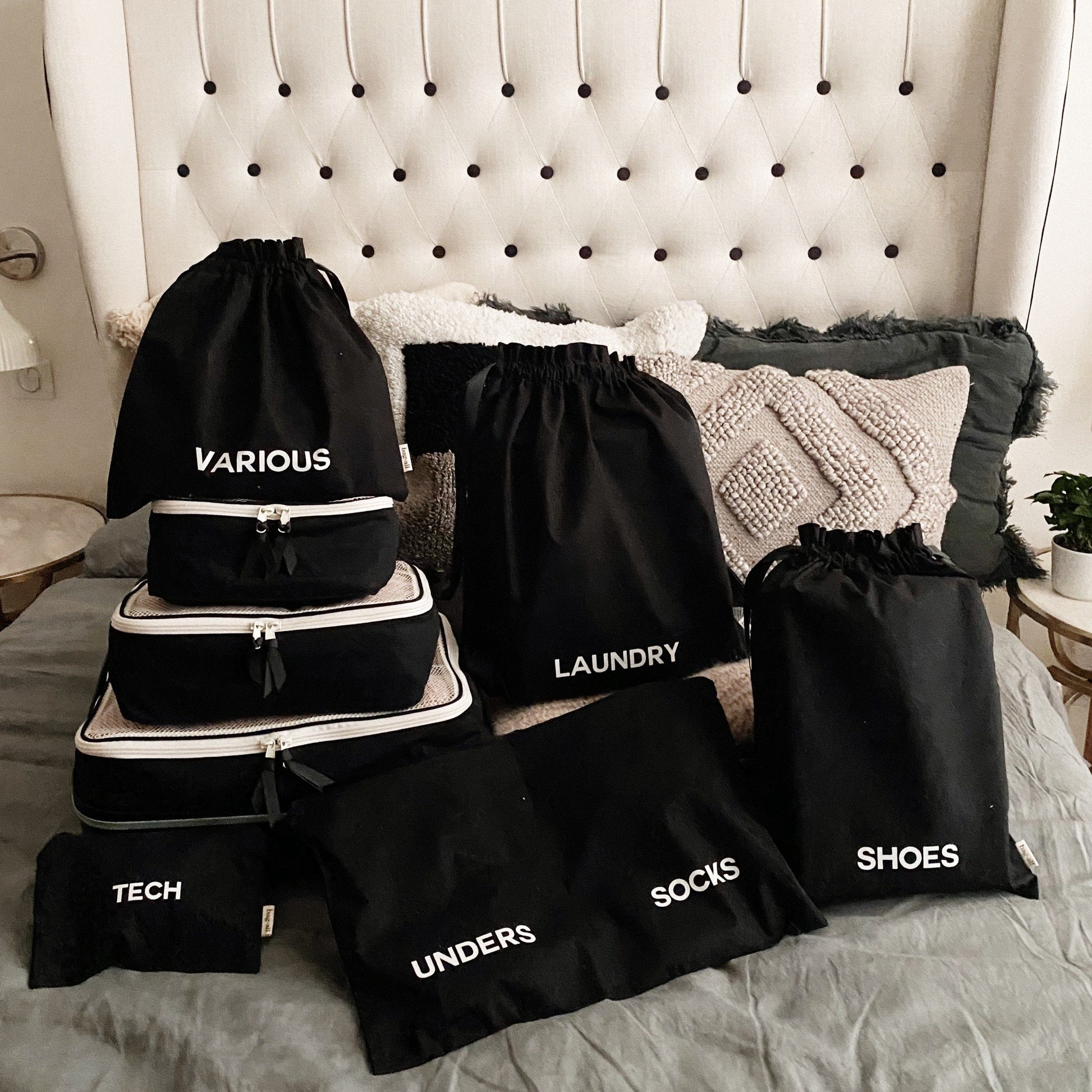 Bag-all BA Travel Set, 8-Pack in Black. Stylish packing organizers including laundry, shoes, socks, tech, and various pouches for travel
