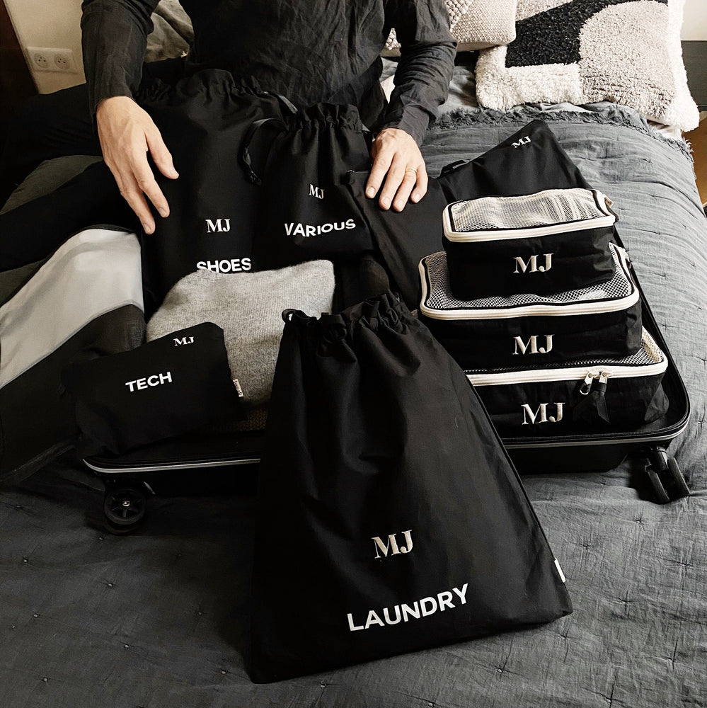 
                                      
                                        Initials monogrammed on Packing Organizers and Travel Set in High Quality Cotton, 8-pack Black
                                      
                                    