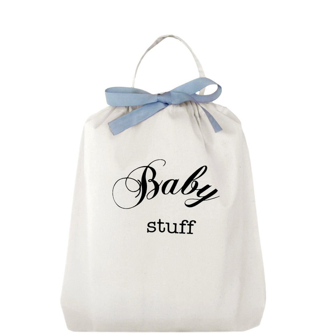 Bag with "baby stuff" printed on the front. 