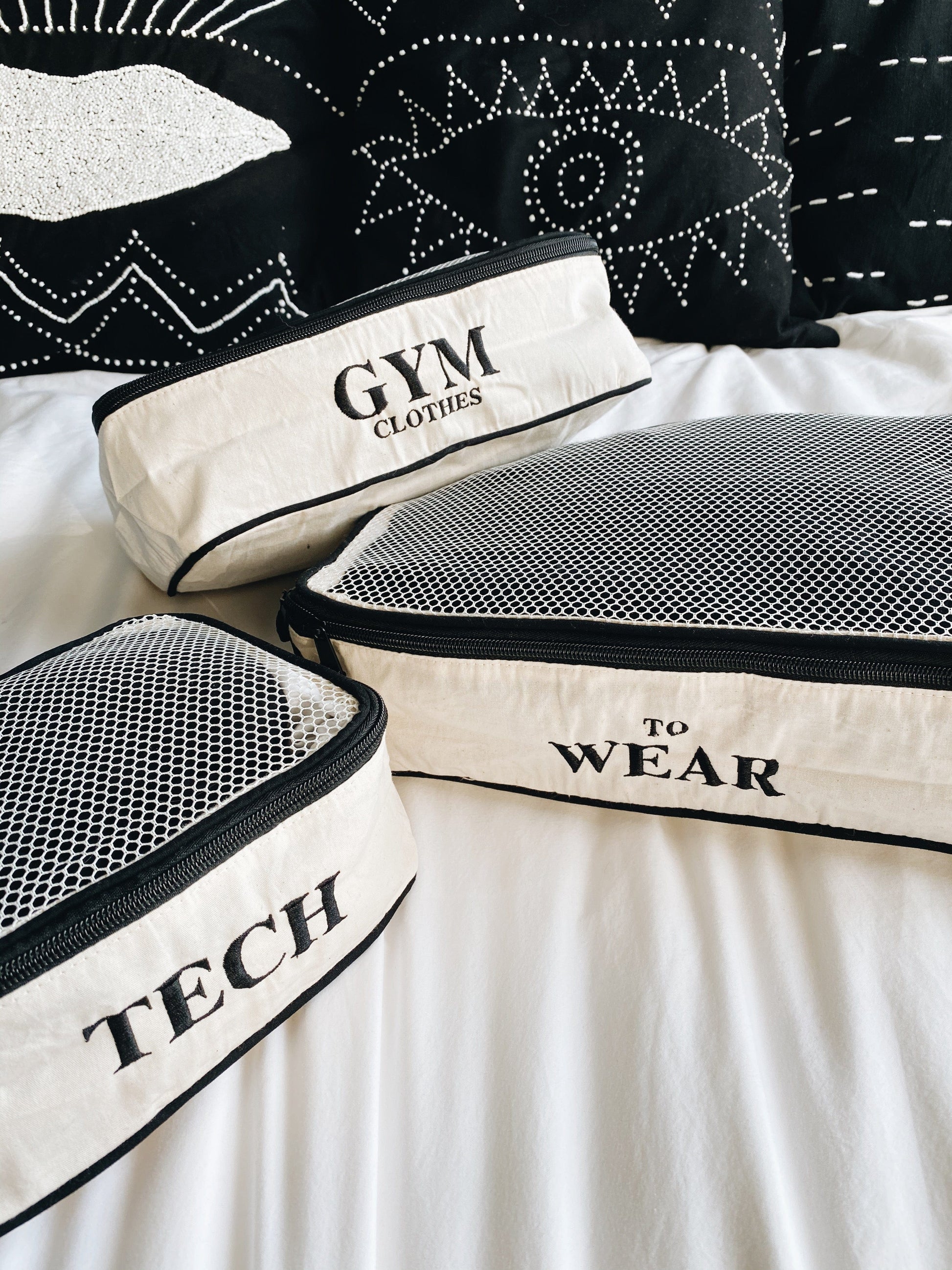 Bag-all organizing bags featuring gym clothes, tech, and wear to wear labels with mesh top panels and black trim, perfect for travel and home organization