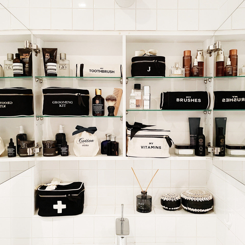 
                                      
                                        Bathroom mirror with bathroom essentials and bag-all cases.
                                      
                                    