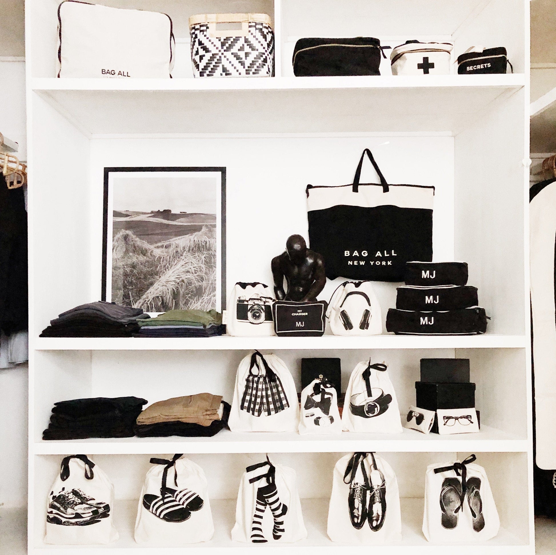 Bag-all Flip Flops Shoe Bag in cream, displayed on organized white shelving unit with other travel organizers and shoe bags, perfect for beach and travel storage solutions