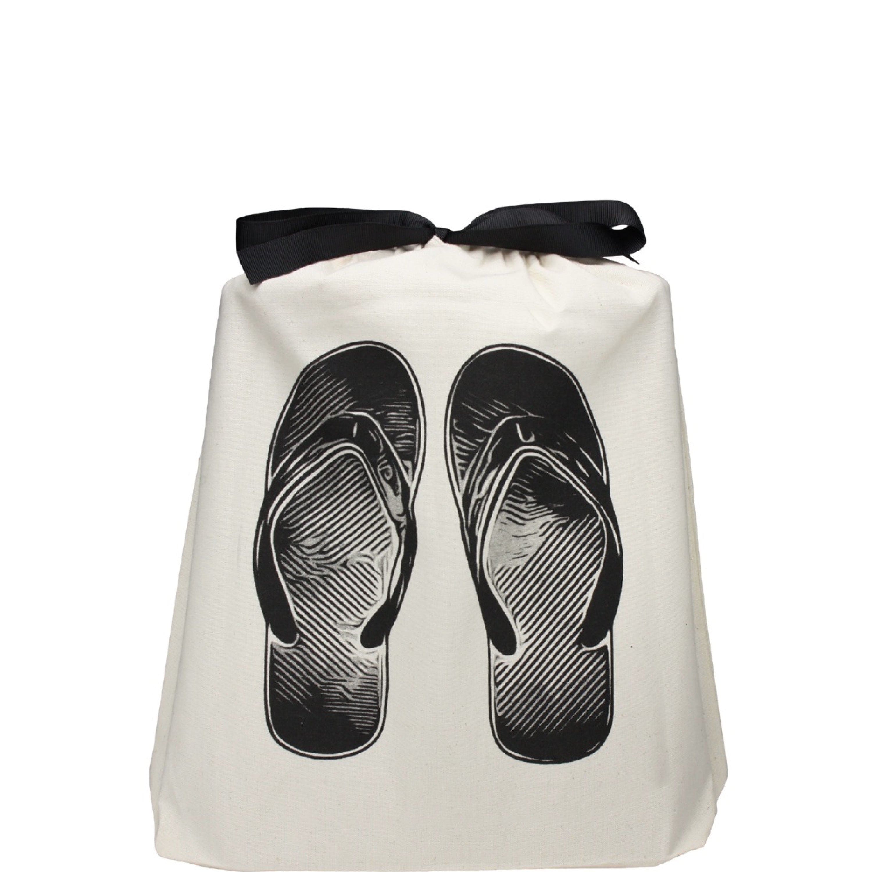 Shoe bag with flip flops printed on the front. 
