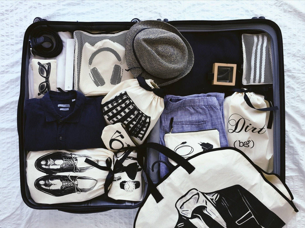 
                                      
                                        Men's suitcase with garment bags, clothing organizing bags, loafers and packing cubes.
                                      
                                    