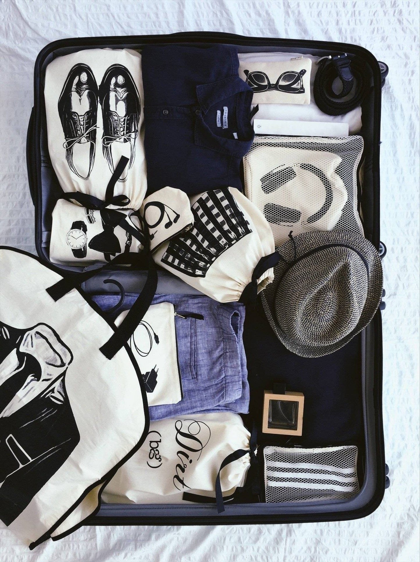 
                                      
                                        Men's suitcase with garment bags, clothing organizing bags, loafers ad packing cubes.
                                      
                                    