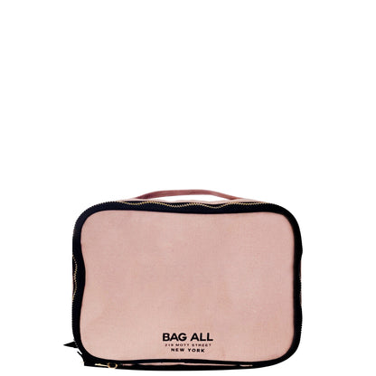 Bag-all Double Sided Toiletry Case in Pink/Blush with black piping, dual zippers, and carrying handle. Cotton organizing case with laminated interior and elastic bands for travel essentials.
