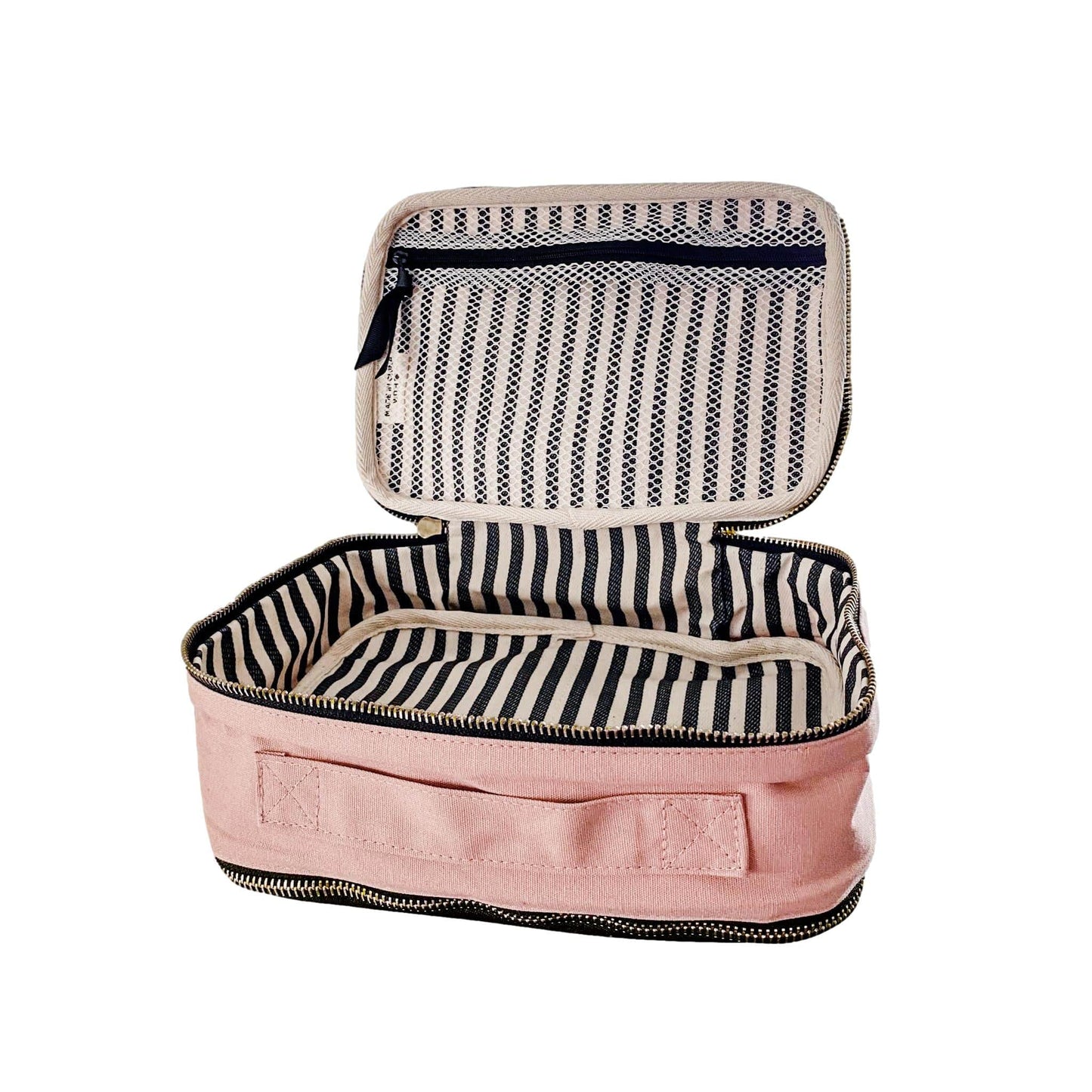 Bag-all Double Sided Toiletry Case in Pink/Blush with striped interior lining, dual compartments, metal zippers, and carrying handle. Perfect for travel and organizing essentials.
