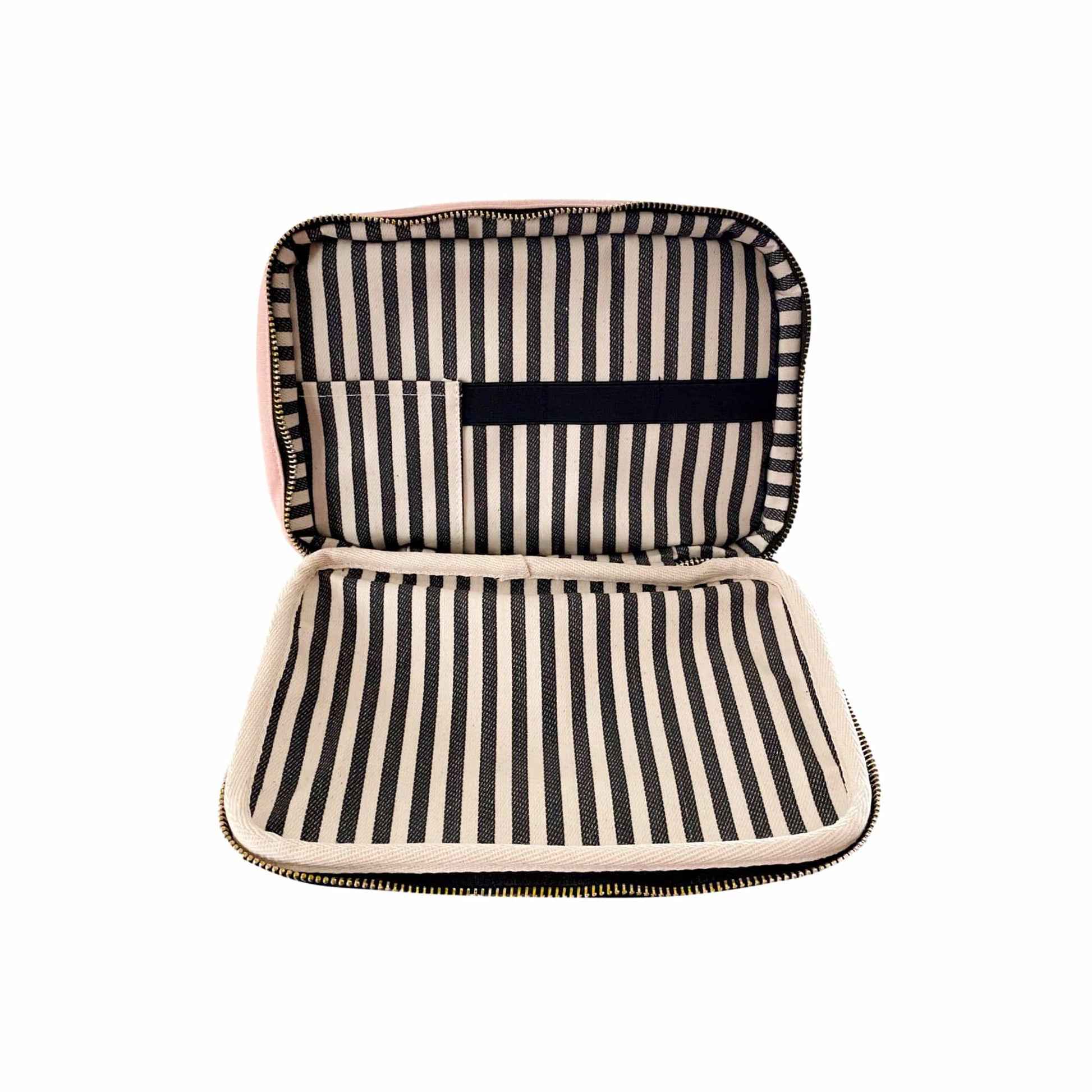 Bag-all Double Sided Toiletry Case in Pink/Blush featuring black and white striped interior lining, dual compartments with elastic organizers and zipper pocket for travel essentials