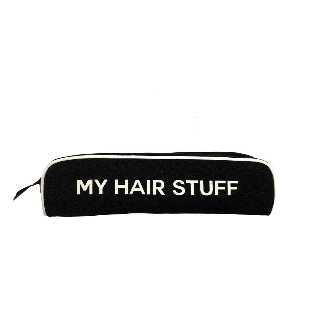 Black hair stuff case with "my hair stuff" printed on the front in white text. 