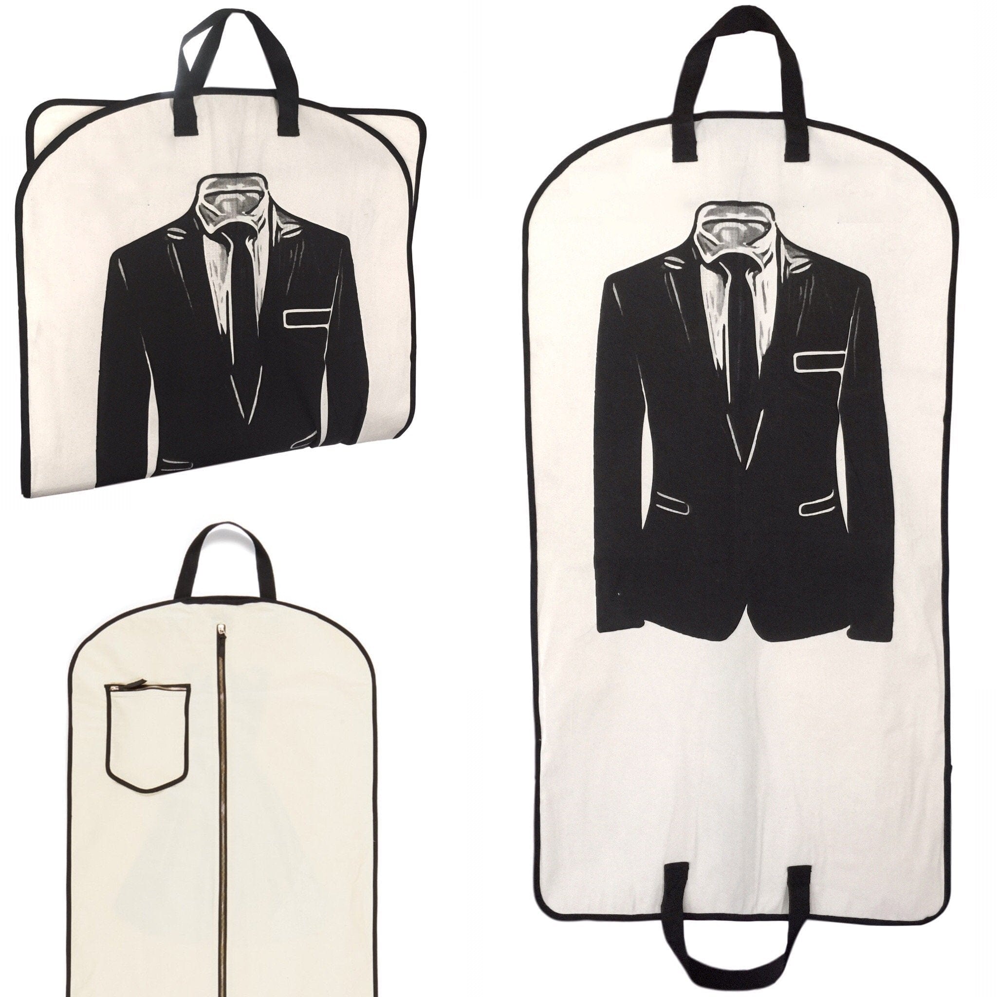 Men's garment bag with a suit printed on the front. 