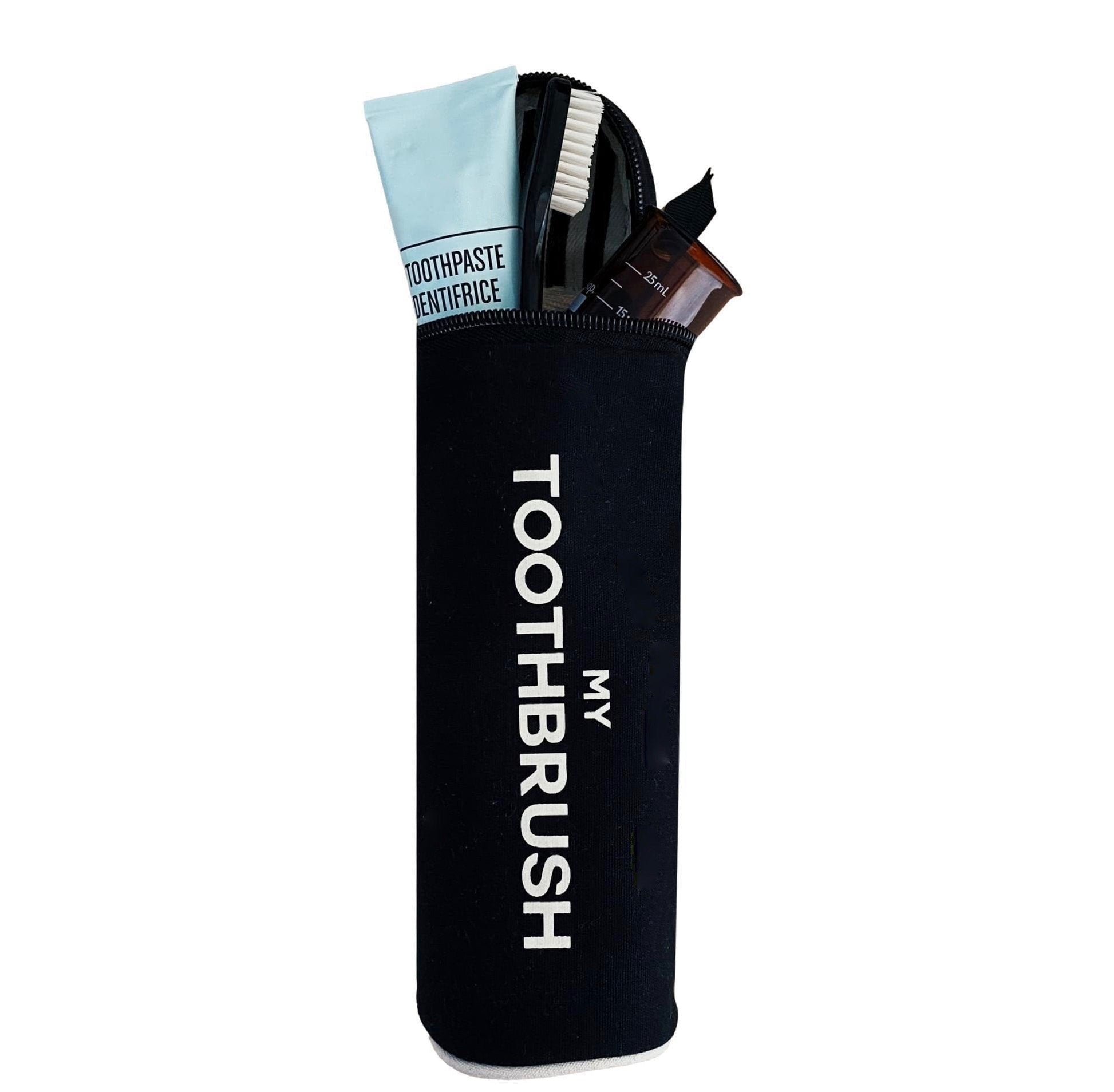 Bag-all Best Deal Gift Set features black cotton travel cases: Toothbrush Case with toothpaste and brush, My Toiletry Case, and Charger Case with striped waterproof lining and monogram options