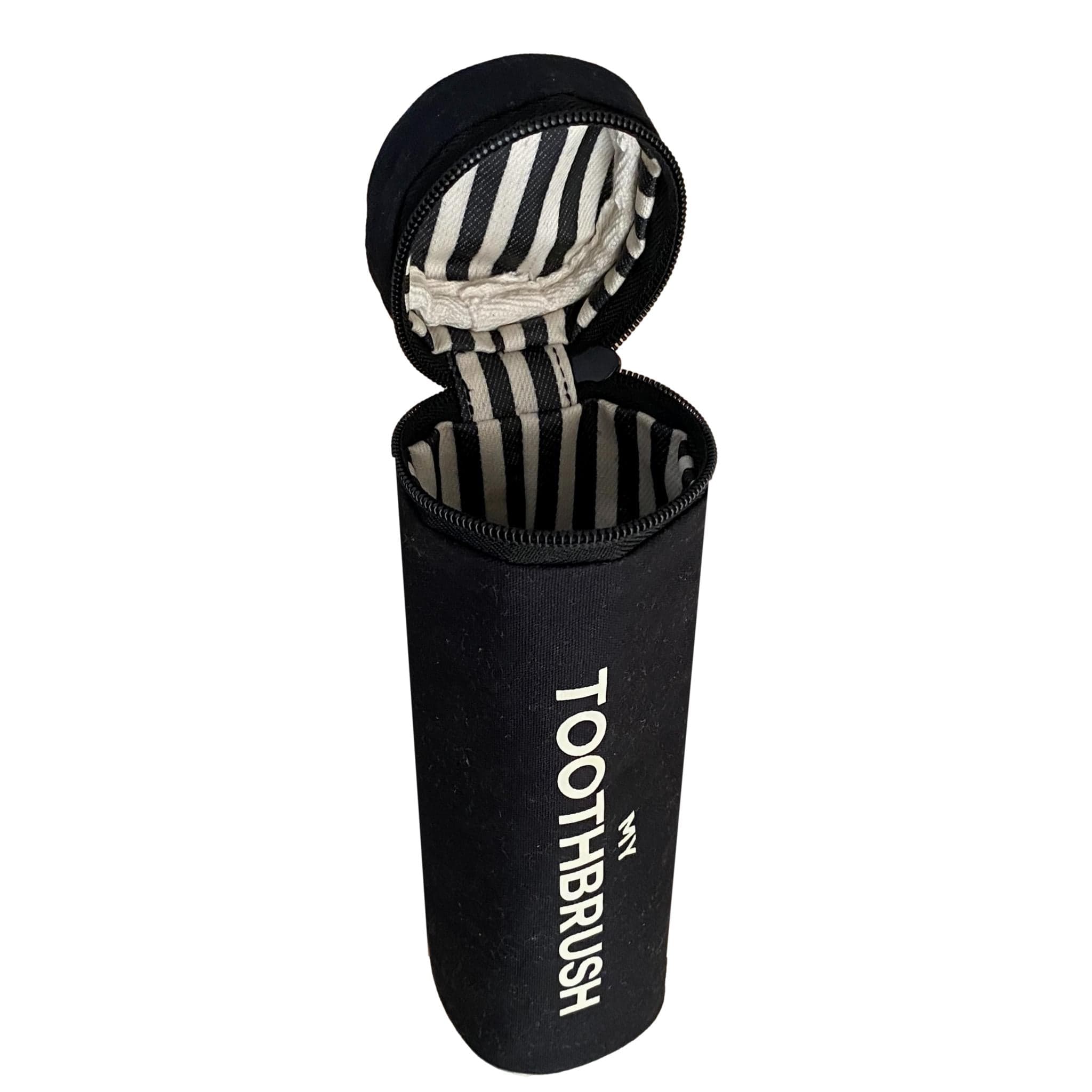 Striped and waterproof interior for the black travel toothbrush case. 