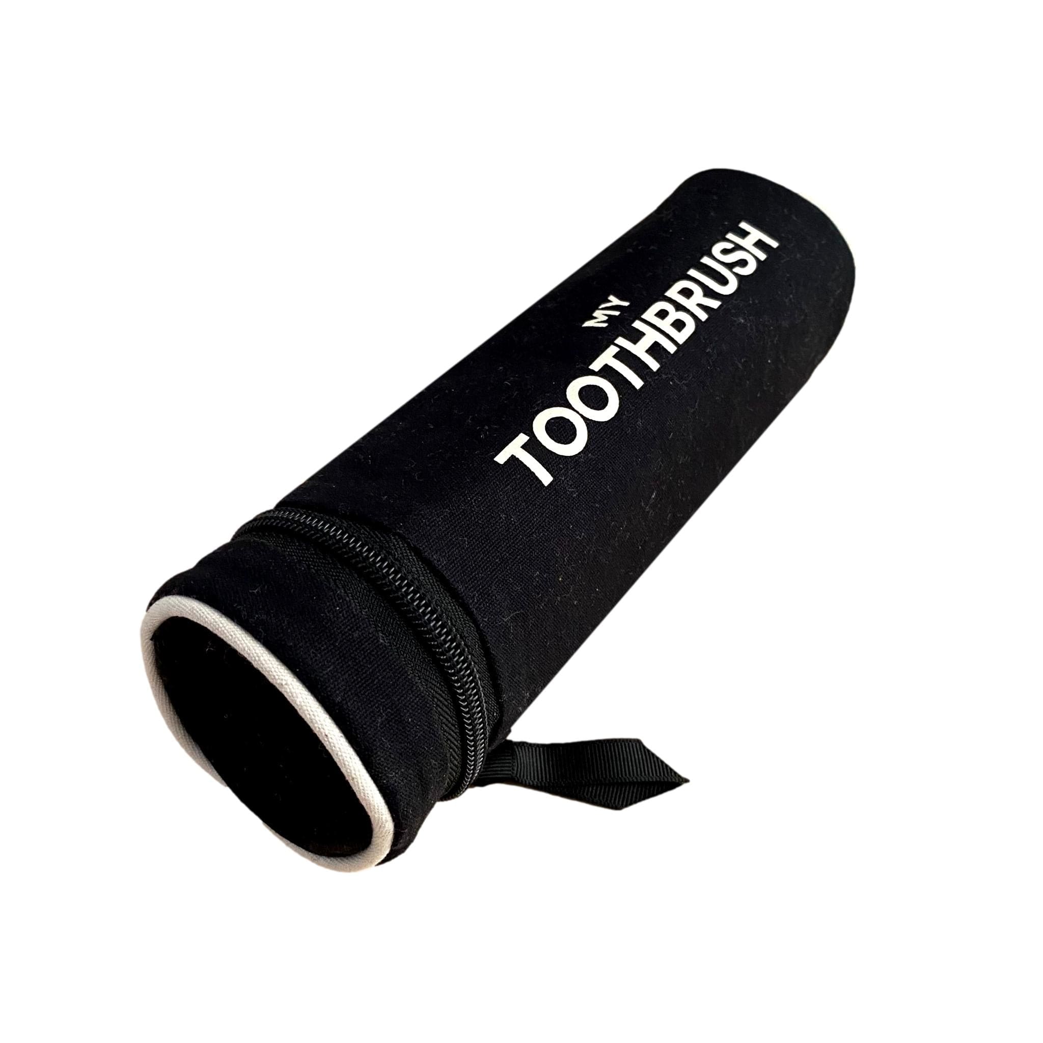 round toothbrush case in black with with piping. 