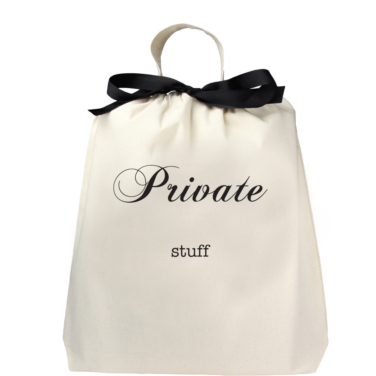 
                                      
                                        "Private Stuff" printed on front of bag with handle and black ribbon 
                                      
                                    