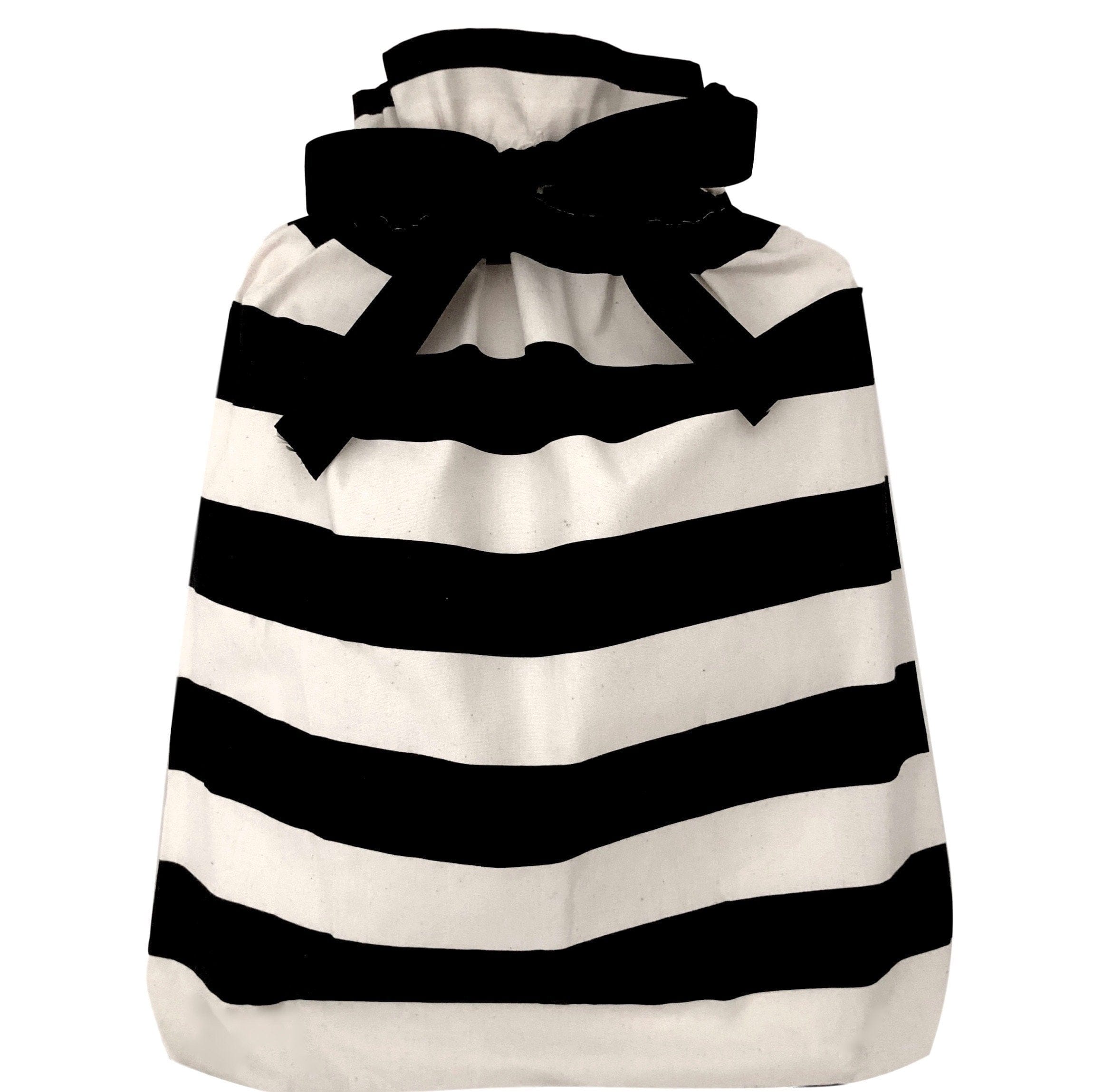 A large gift bag with black and white stripes horizontally across. 