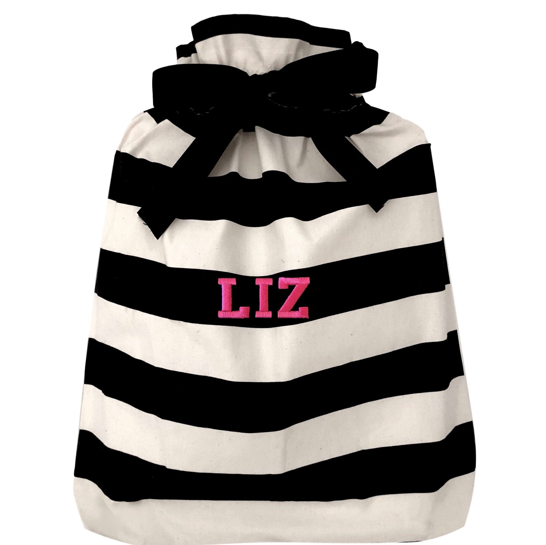 A large reusable gift bag with black and white horizontal stripes. 