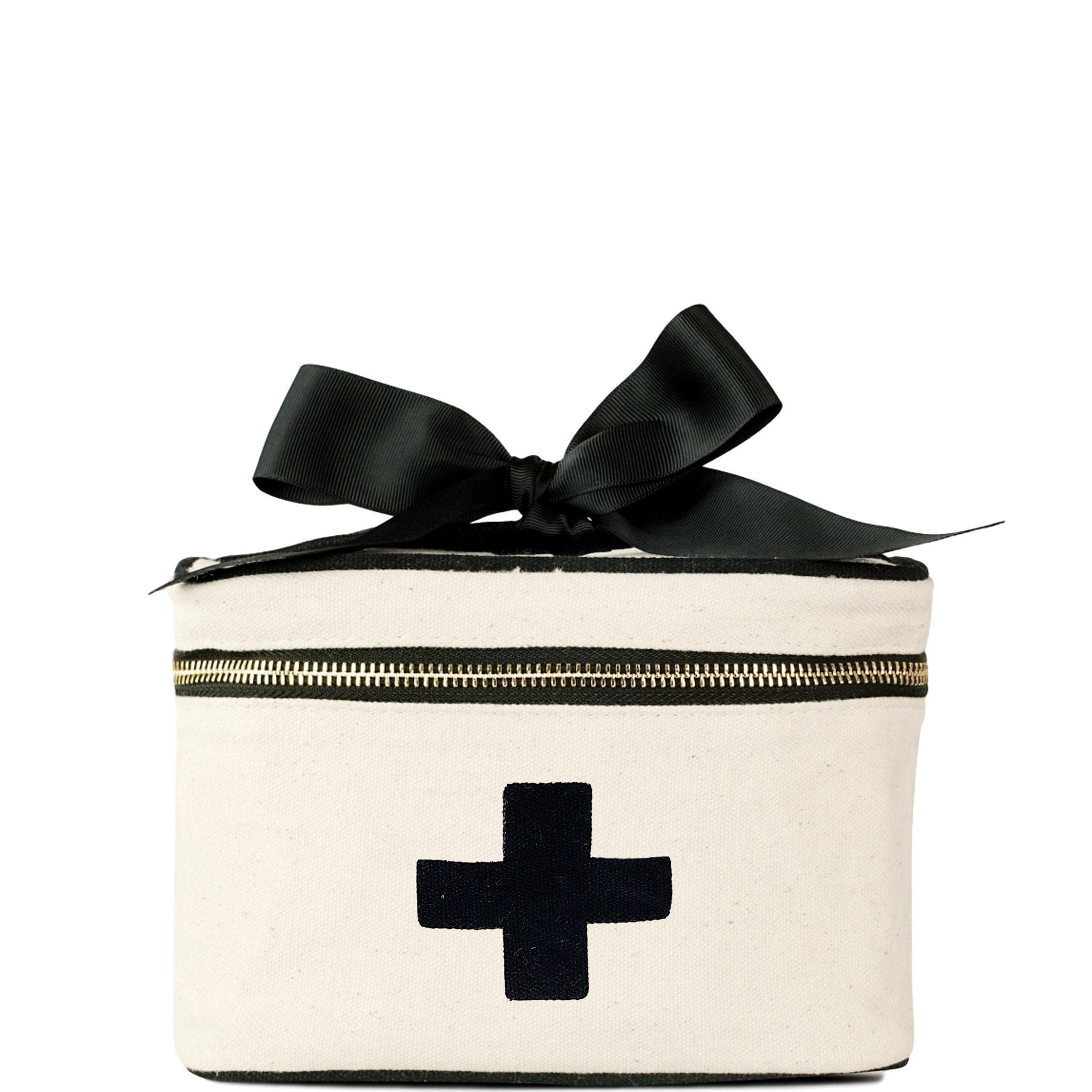 Bag-all cream cotton first aid storage box with black medical cross, zipper closure, and decorative black bow, perfect for organizing medicines
