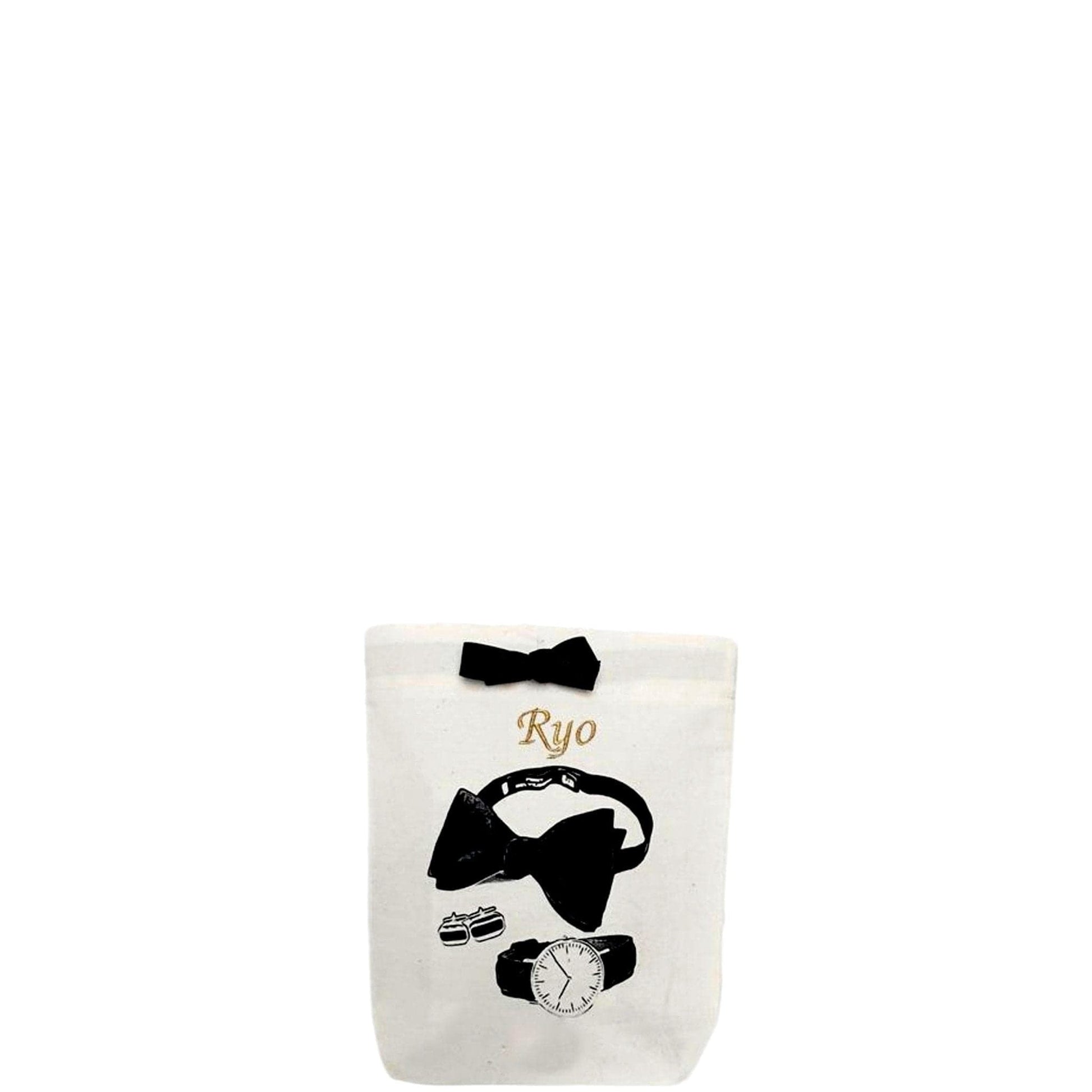 Bag-all Men's Accessories Bag in cream with elegant black bow and stylish accessory illustrations featuring bow tie, watch, and cufflinks. Personalized with 'Ryo' monogram.