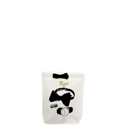 Bag-all Men's Accessories Bag in cream with elegant black bow and stylish accessory illustrations featuring bow tie, watch, and cufflinks. Personalized with 'Ryo' monogram.