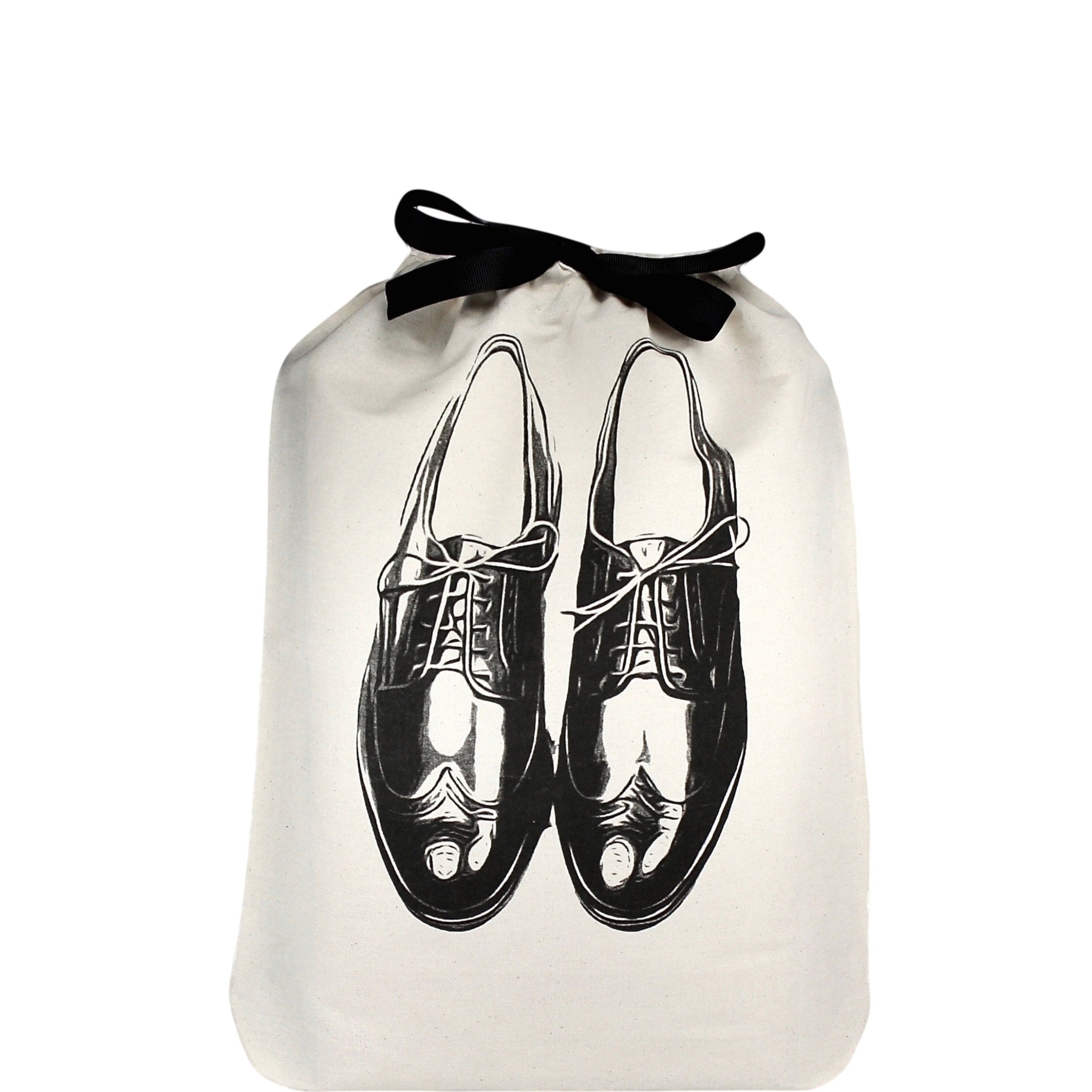 Bag-all Deal Gift Set His Favorites featuring white cotton organizing bag with black ribbon and classic men's dress shoes illustration, perfect for shoe storage