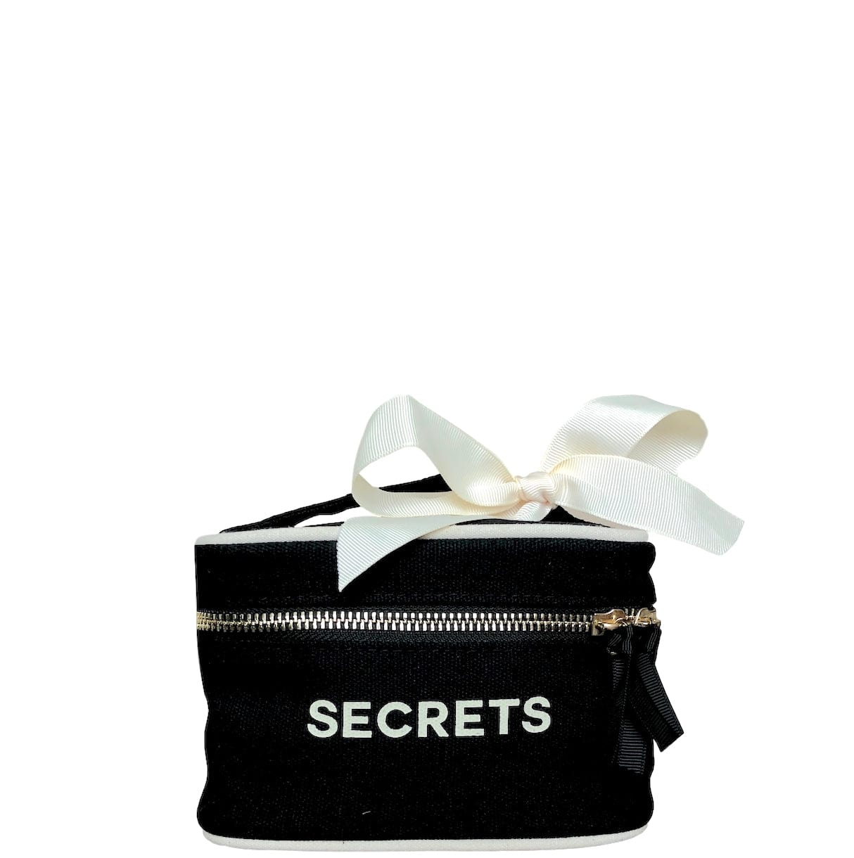 
                                      
                                        Mini black beauty box with "secrets" across the front and a white bow on the handle. 
                                      
                                    