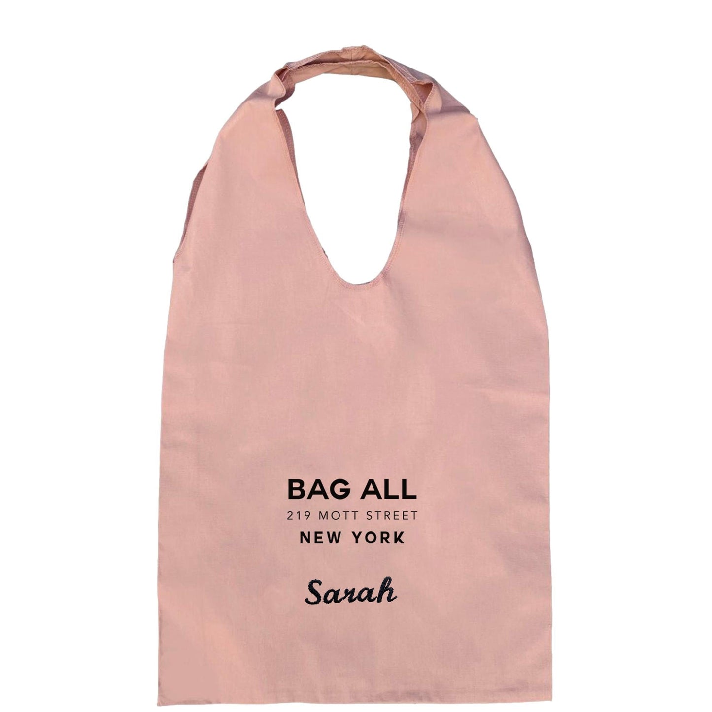 Bag-all New York Large Tote in blush pink cotton canvas with personalized name, featuring long shoulder handles and spacious design for eco-friendly shopping