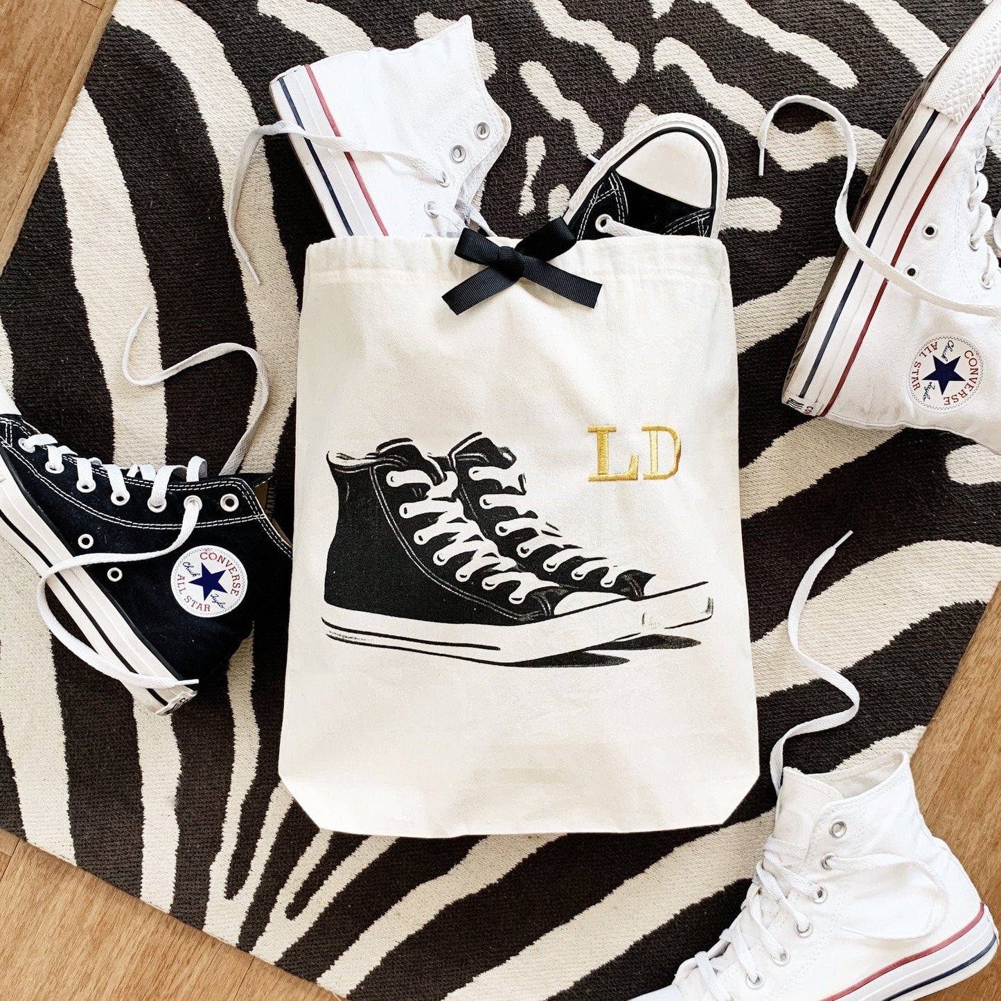 Sneakers Shoe Bag "LD" monogrammed on front, white and black converse, zebra rug
