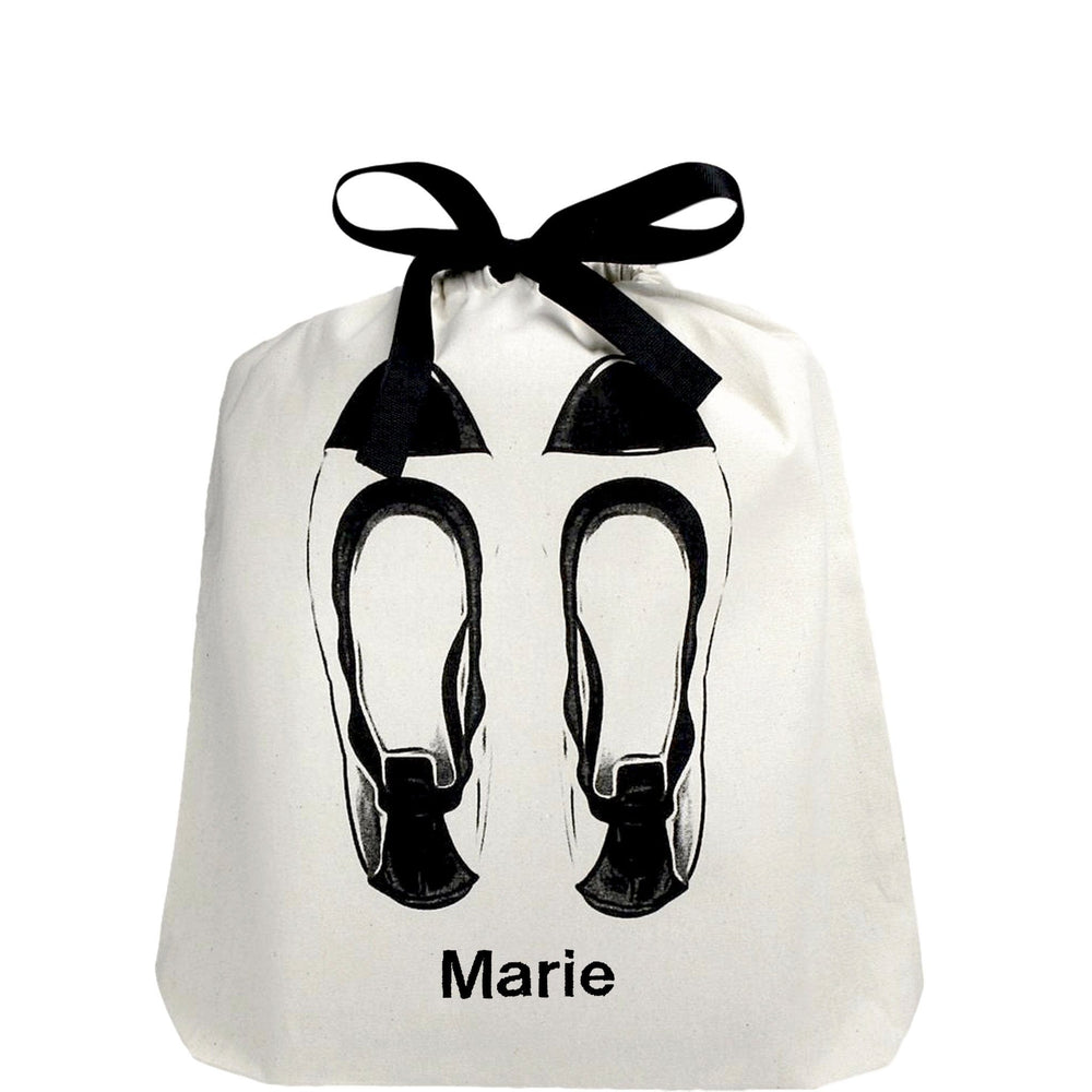 Ballet flats shoe bag with a monogram in black on the front. 
