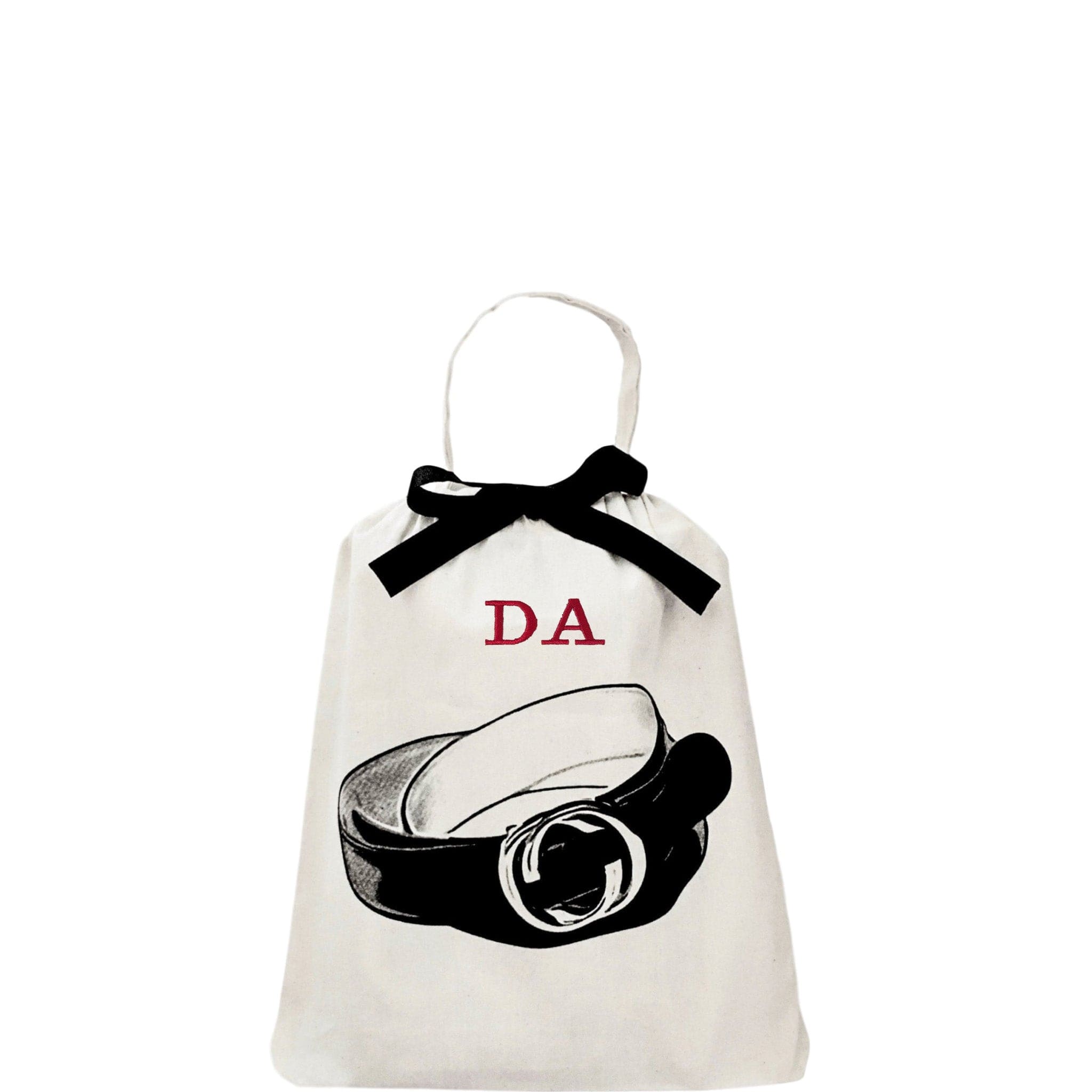 a belt dust bag with "DA" monogrammed on the top. 